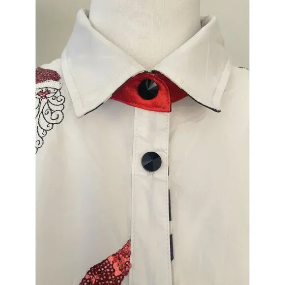 Jack B Quick Button-Down Shirt Red Sequin Santa Striped Collar Accent Women SM - Picture 12 of 14